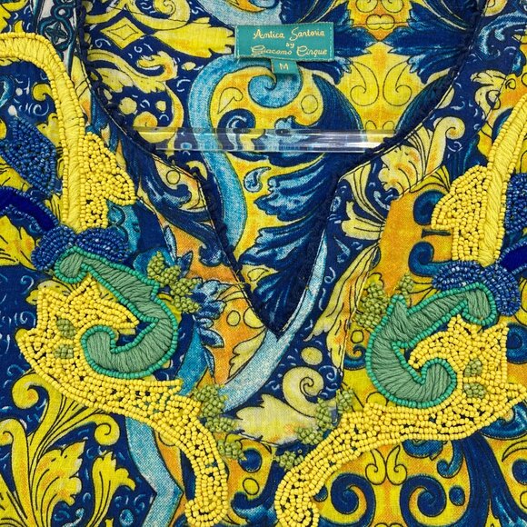 Antica Sartoria Medium Blue Yellow Boho Side Slit Kaftan Dress Vacation Resort - Picture 8 of 12